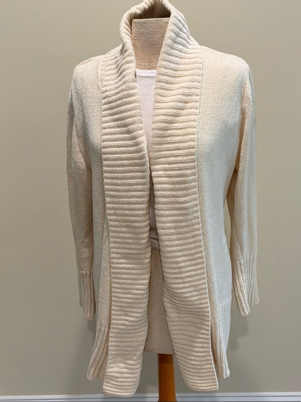 Seven7 Ivory Open-Front Ribbed Shawl Collar Cardigan